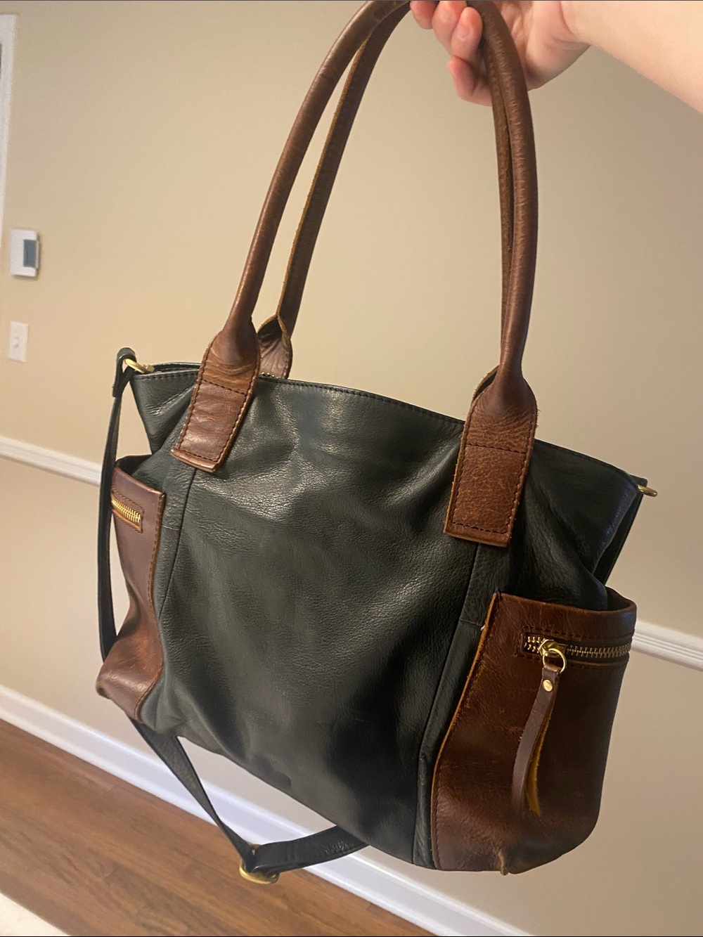 Overland Two-Tone Black and Brown Leather convertible Tote Bag crossbody